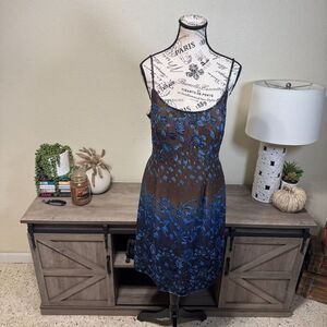 VTG Adrianna Papell Evening Blue/Brown Floral Ombre Beaded Midi Dress Sz 16 Y2k